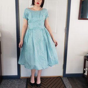 50s Blue‎ Embroidered Party Dress